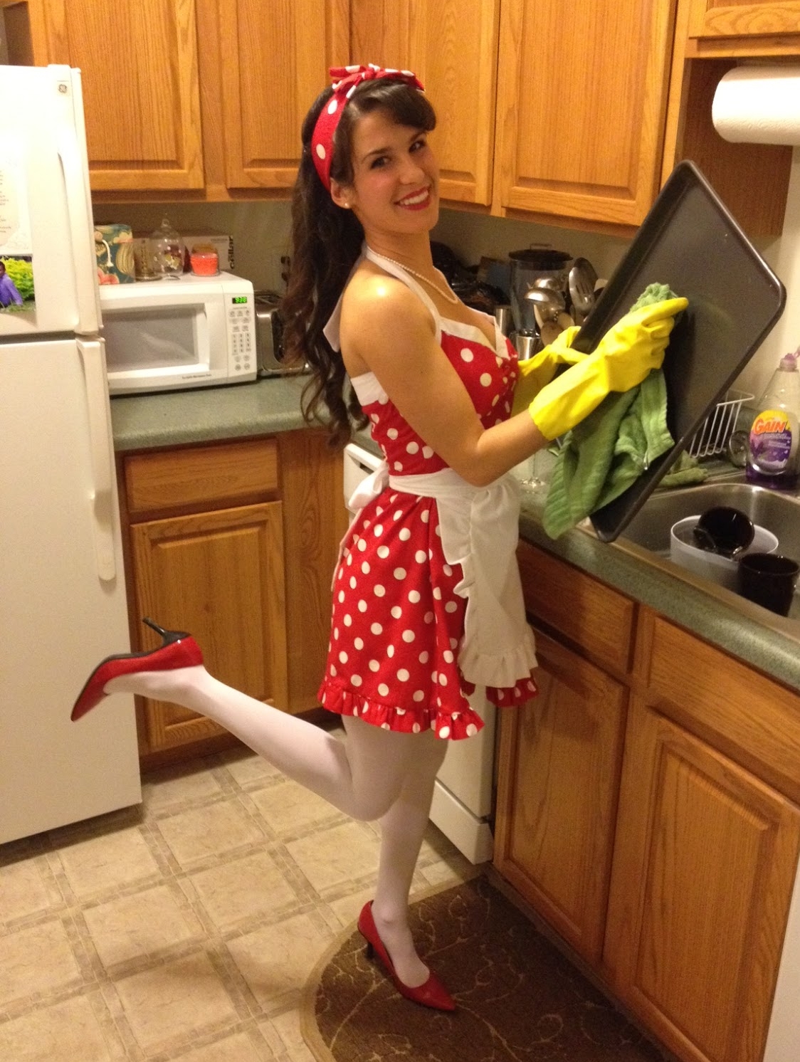 Brunette Pin Up Housemaid wearing White Opaque Pantyhose and White Short Overall